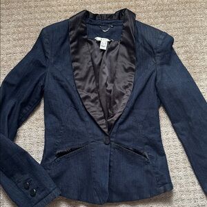 MNG by Mango Denim Blazer Women’s Size Small Dark Wash Tuxedo Satin Lapel Jacket